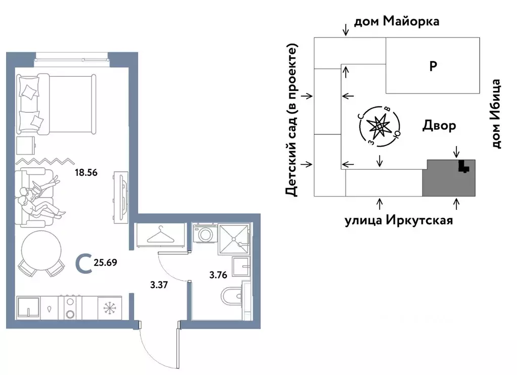 Студия Тюменская область, Тюмень ДОК мкр, ул. Ярославская (25.69 м) - Фото 0
