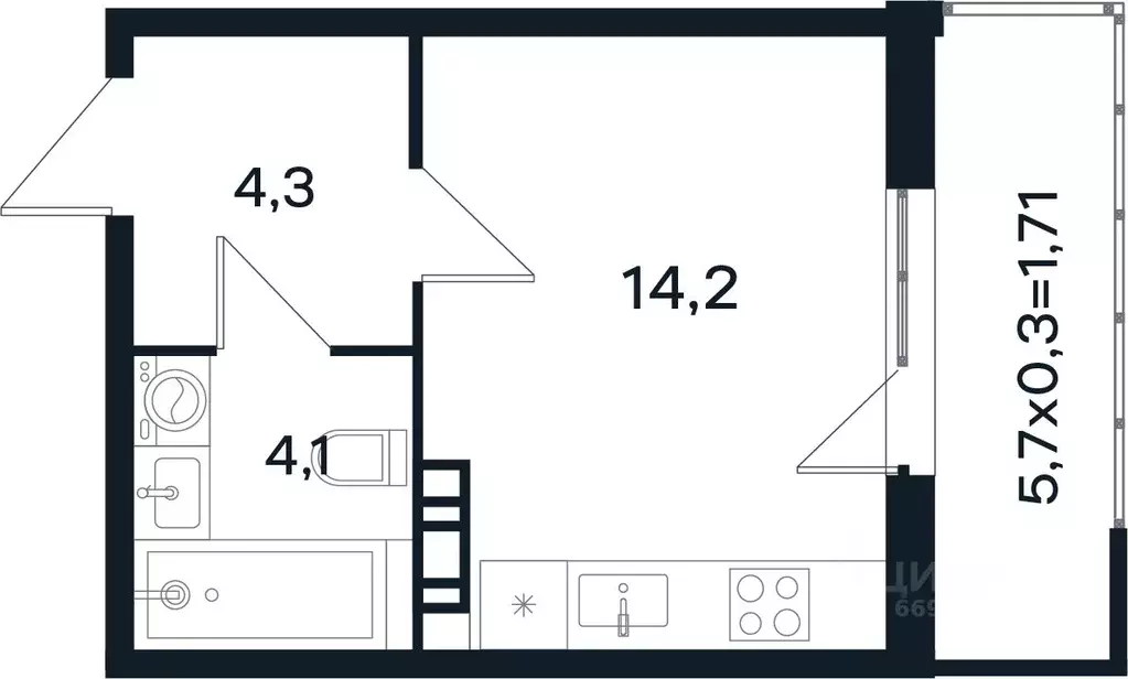 Студия Краснодарский край, Краснодар Новая Елизаветка мкр,  (24.31 м) - Фото 1