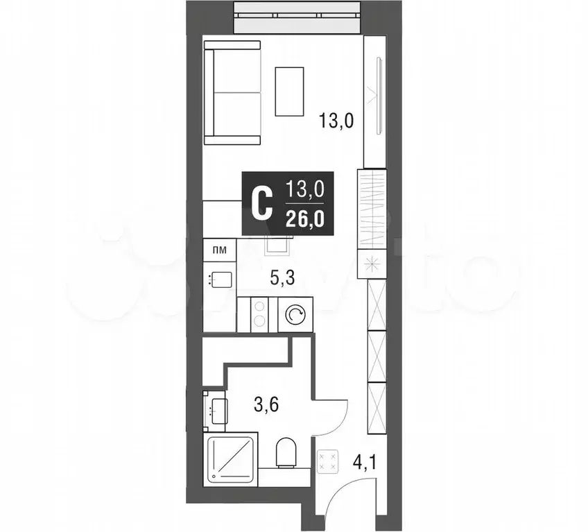 Квартира-студия, 25,7 м, 33/53 эт. - Фото 1