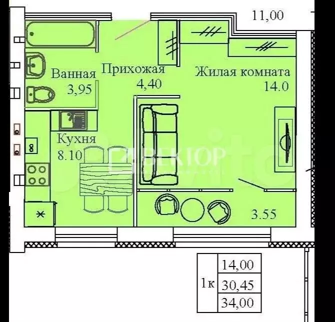 1-к. квартира, 34 м, 2/3 эт. - Фото 0