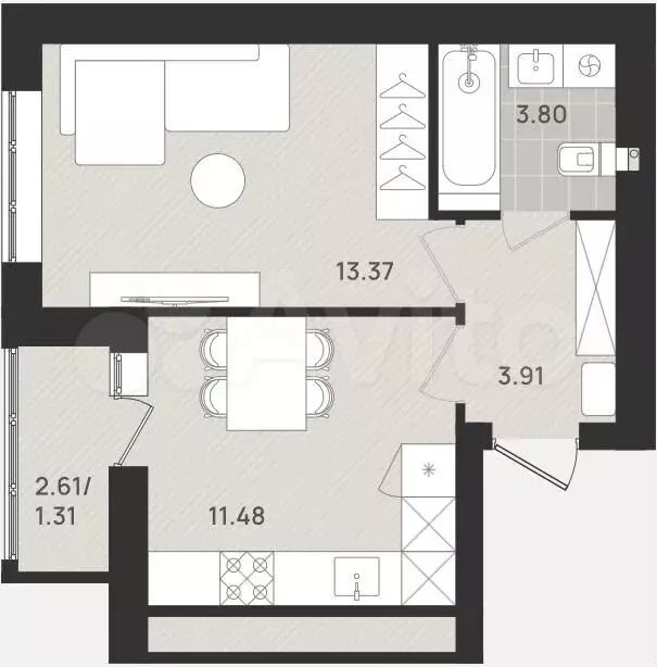 1-к. квартира, 34,1 м, 6/9 эт. - Фото 1