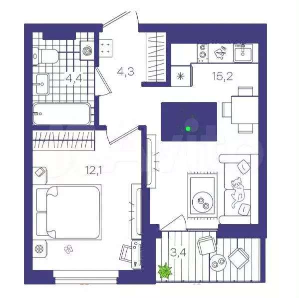 1-к. квартира, 39,5 м, 9/9 эт. - Фото 1
