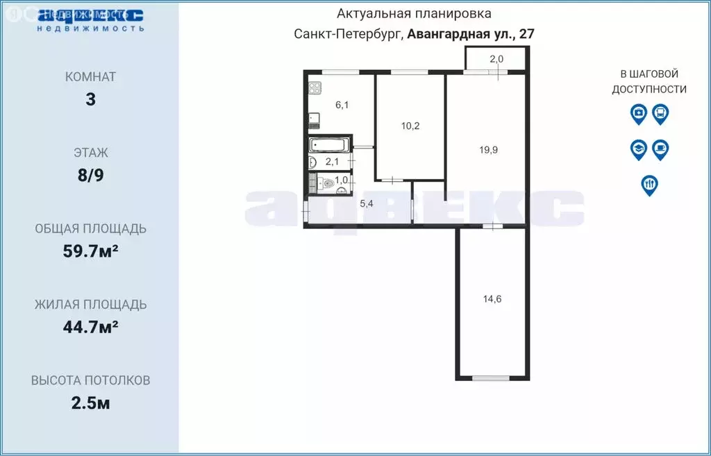 3-комнатная квартира: Санкт-Петербург, Авангардная улица, 27 (59.7 м) - Фото 1