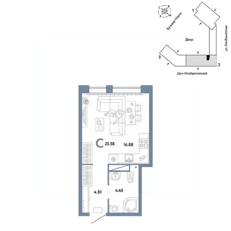 Студия Тюменская область, Тюмень Комбинатская ул., 16к1 (25.58 м) - Фото 0