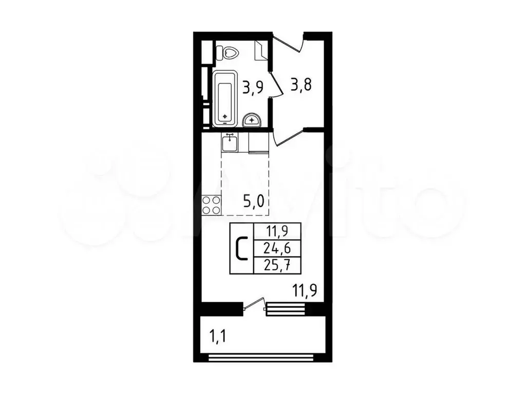 Квартира-студия, 25,8 м, 4/6 эт. - Фото 0