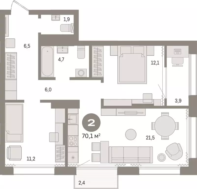 2-комнатная квартира: Тюмень, Краснооктябрьская улица, 4к3 (70.09 м) - Фото 1