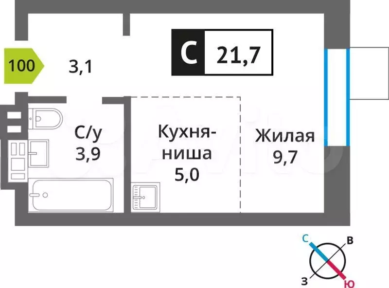 Квартира-студия, 21,7 м, 7/9 эт. - Фото 0