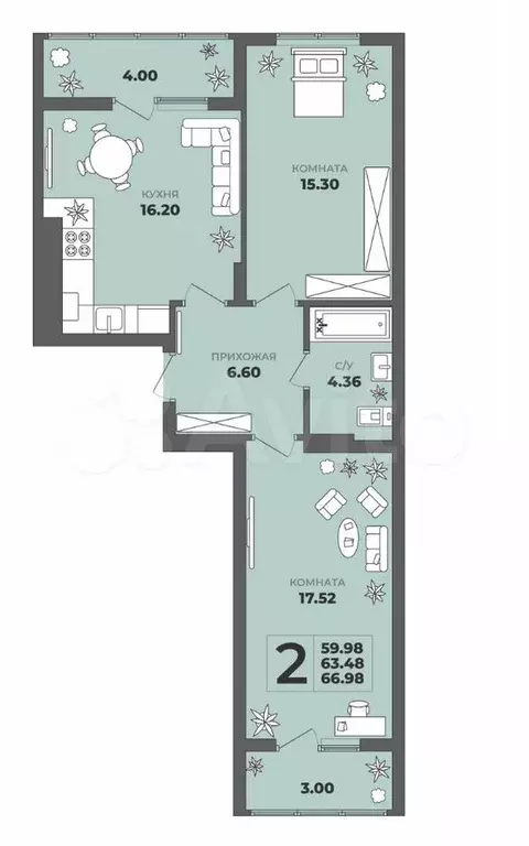 2-к. квартира, 63,4 м, 7/8 эт. - Фото 1