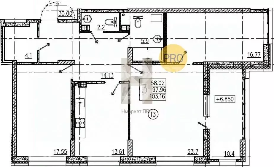 3-к кв. Воронежская область, Воронеж ул. Любы Шевцовой, 31 (103.16 м) - Фото 1