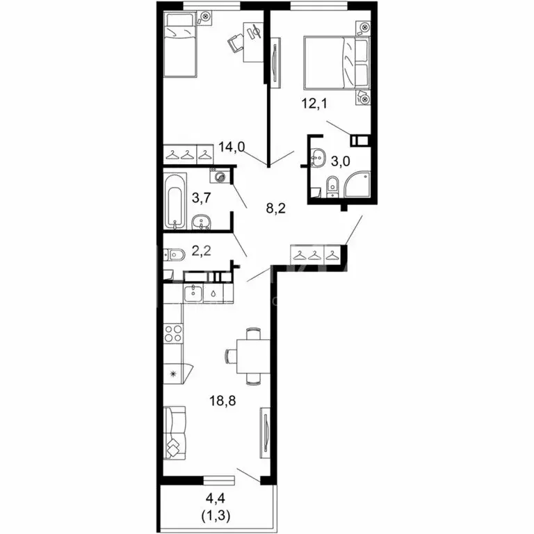 2-комнатная квартира: Сочи, микрорайон Кудепста (63.3 м) - Фото 0