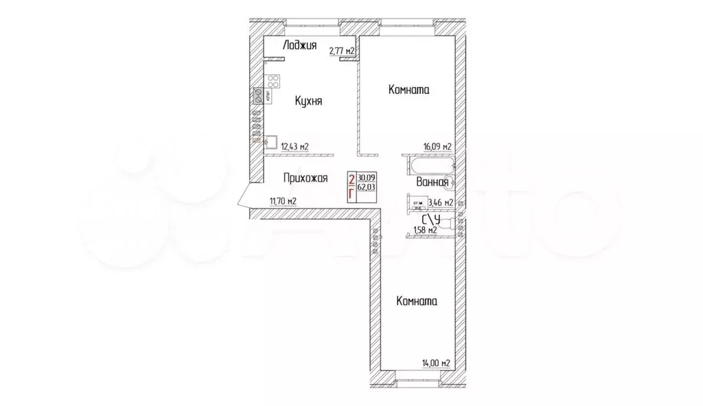 2-к. квартира, 62 м, 4/4 эт. - Фото 1