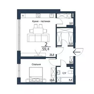 Продаётся 1-к квартира, 59.4 м - Фото 0