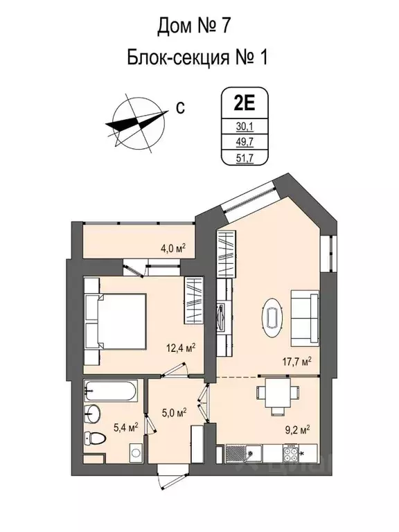 2-к кв. Кемеровская область, Кемерово Космическая ул., 2Б (51.7 м) - Фото 0