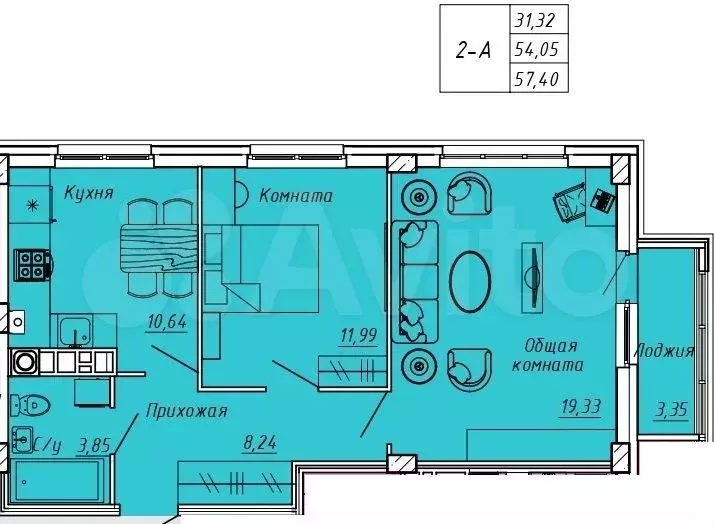 2-к. квартира, 57,4 м, 3/9 эт. - Фото 0