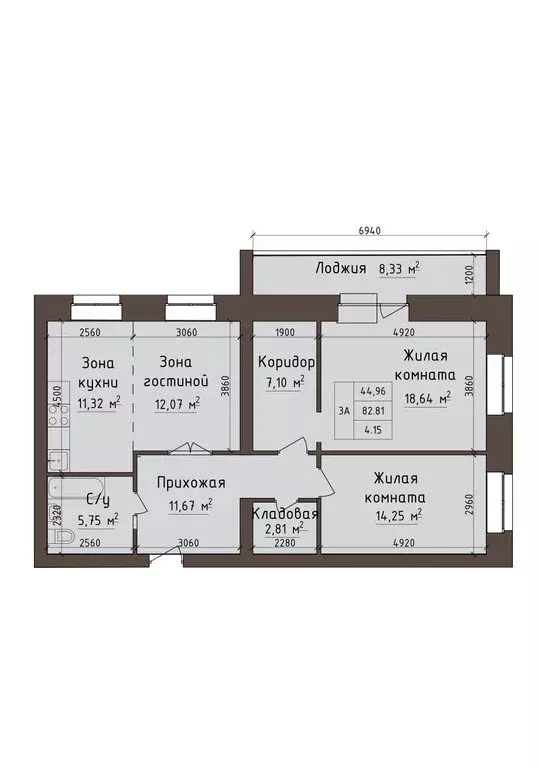 3-комнатная квартира: Абакан, улица Авиаторов, 5 (86.96 м) - Фото 1
