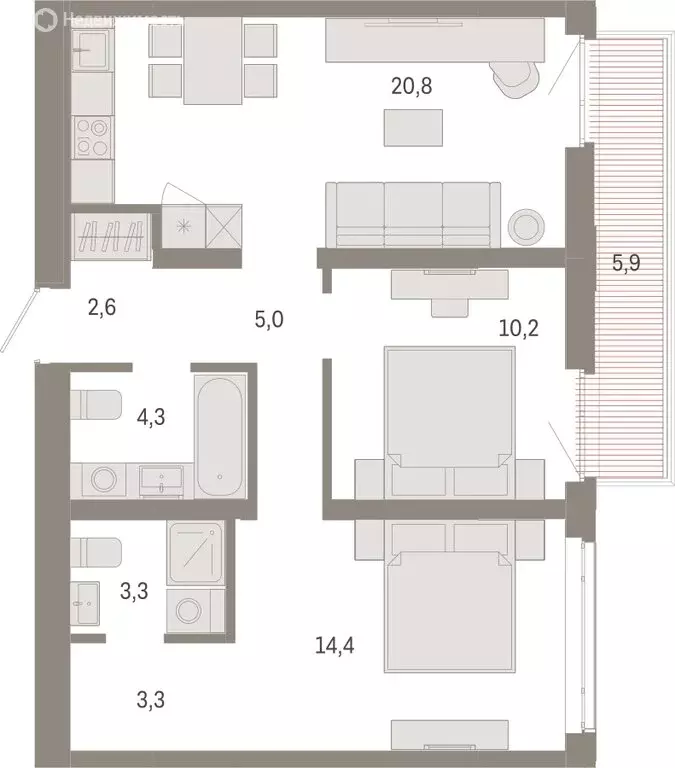 2-комнатная квартира: Тюмень, Ленинский округ (69.7 м) - Фото 1