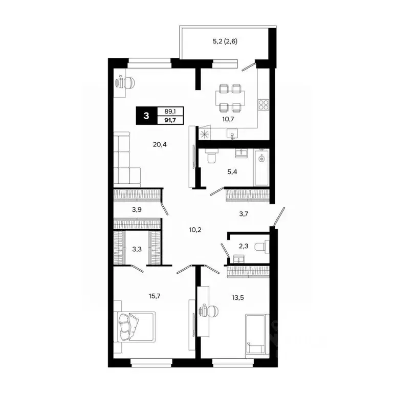 3-к кв. Новосибирская область, Кольцово рп, 5-й мкр  (91.7 м) - Фото 2