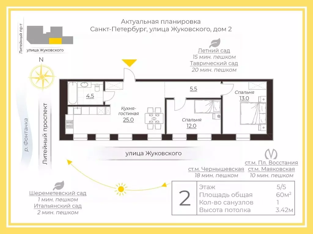 2-к кв. Санкт-Петербург ул. Жуковского, 2 (60.0 м) - Фото 1