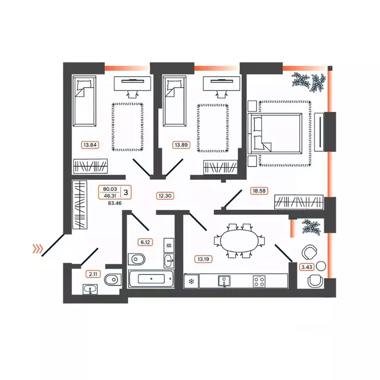 3-к кв. Ростовская область, Батайск Темп жилой комплекс (83.46 м) - Фото 1
