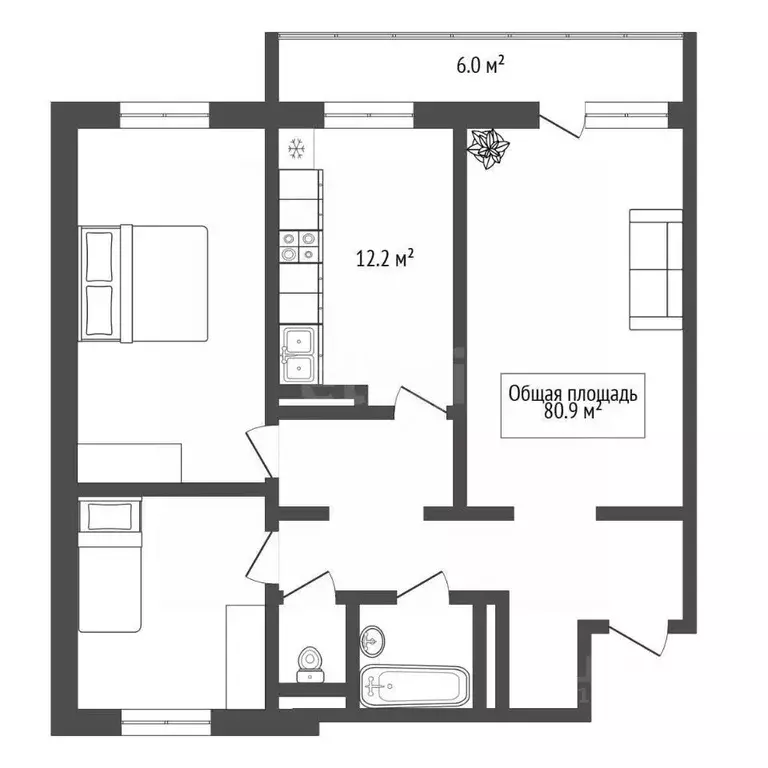 3-к кв. Новосибирская область, Новосибирск ул. Петухова, 156/1 (80.9 ... - Фото 2