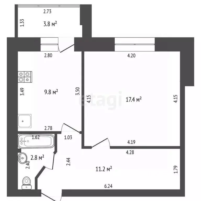 1-к кв. Башкортостан, Стерлитамак ул. Строителей, 20 (41.2 м) - Фото 2