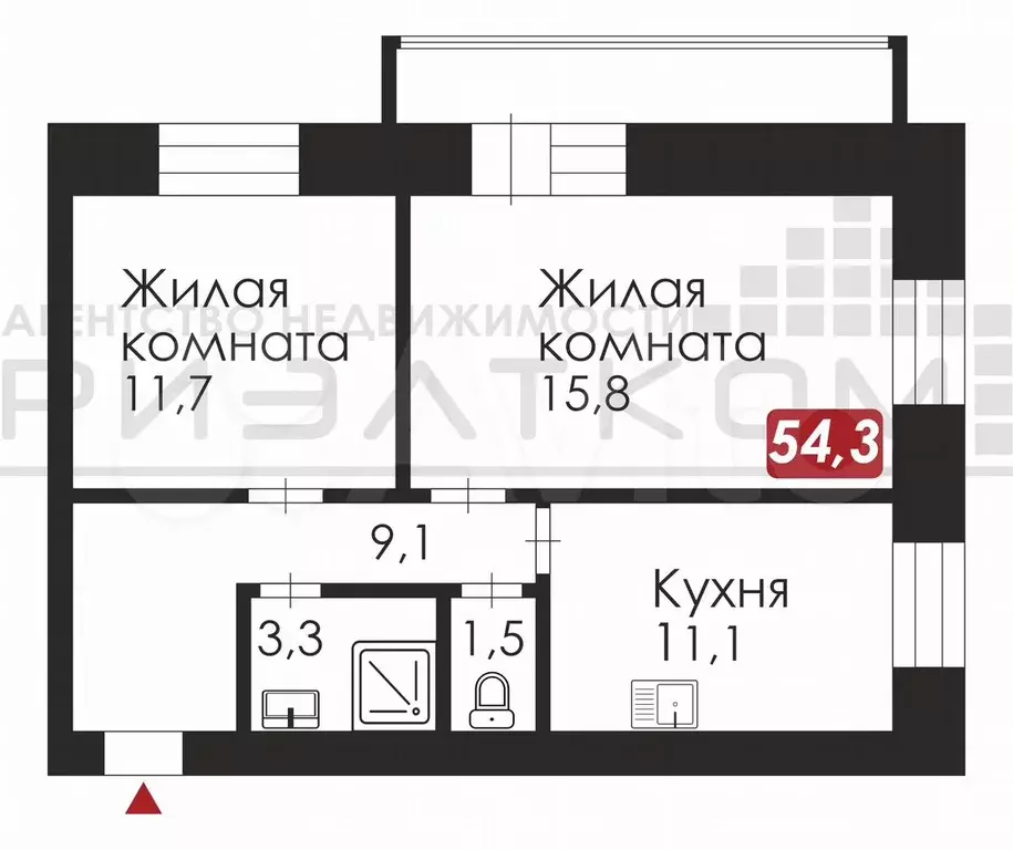 2-к. квартира, 54,3 м, 7/9 эт. - Фото 0