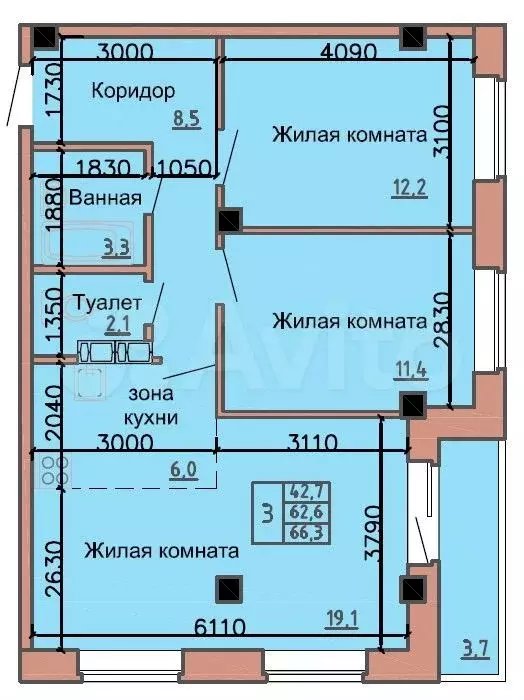 3-к. квартира, 62,6 м, 3/9 эт. - Фото 0