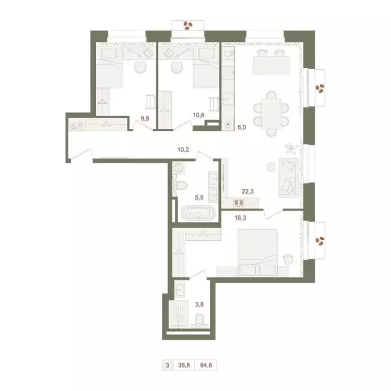 3-к кв. Башкортостан, Уфа Родина Парк жилой комплекс (84.6 м) - Фото 1