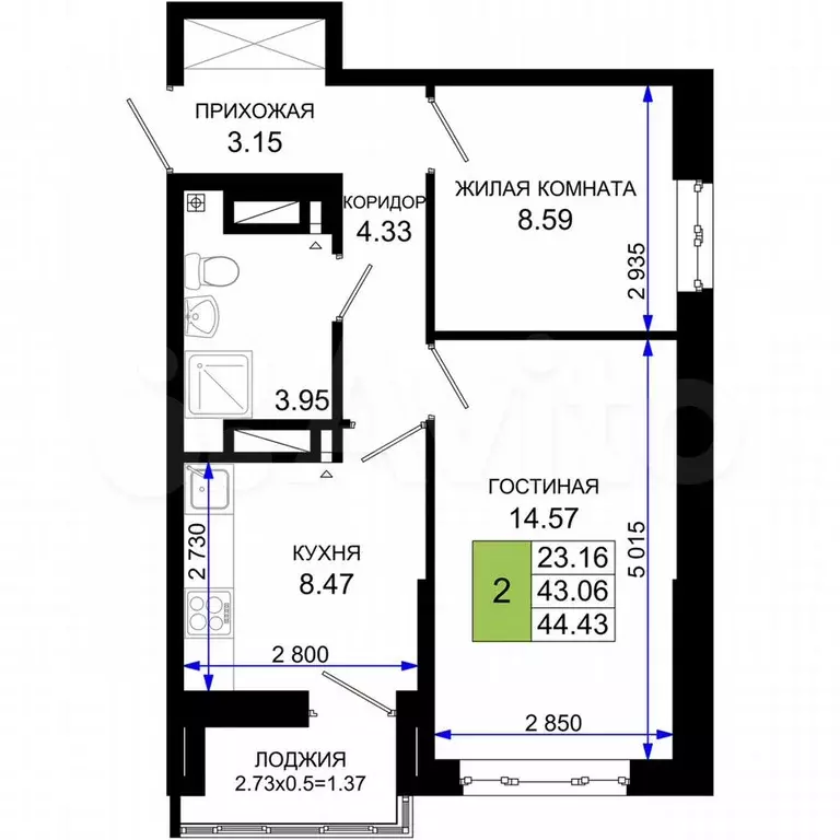 2-к. квартира, 44,4 м, 24/25 эт. - Фото 1