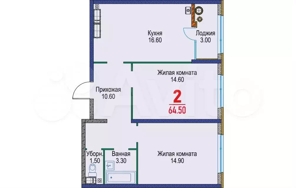 2-к. квартира, 64,5 м, 20/22 эт. - Фото 1