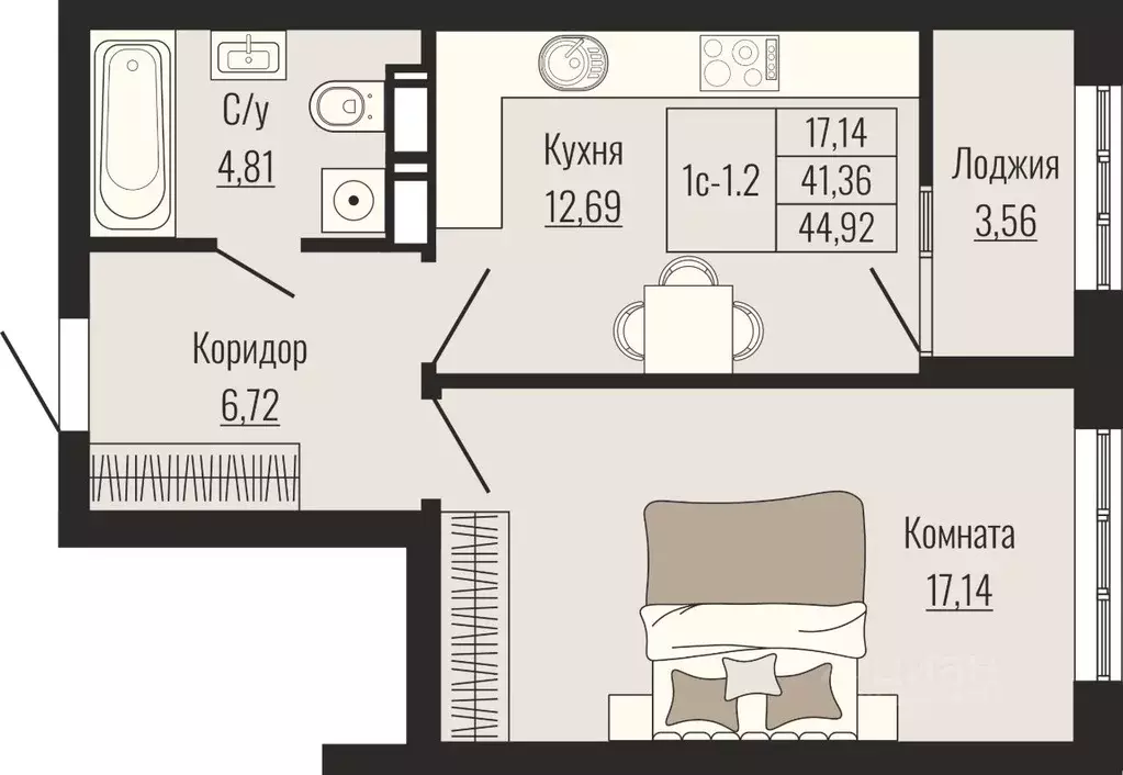 1-к кв. Ставропольский край, Ставрополь № 23 мкр,  (44.92 м) - Фото 1