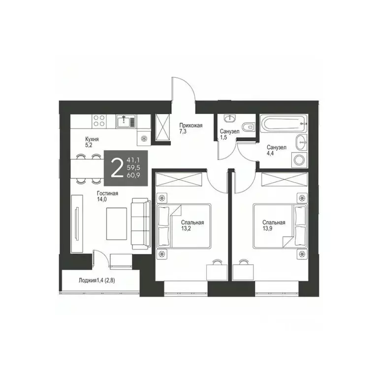 2-к кв. Татарстан, Альметьевск ул. Гафиатуллина, 60 (60.9 м) - Фото 0