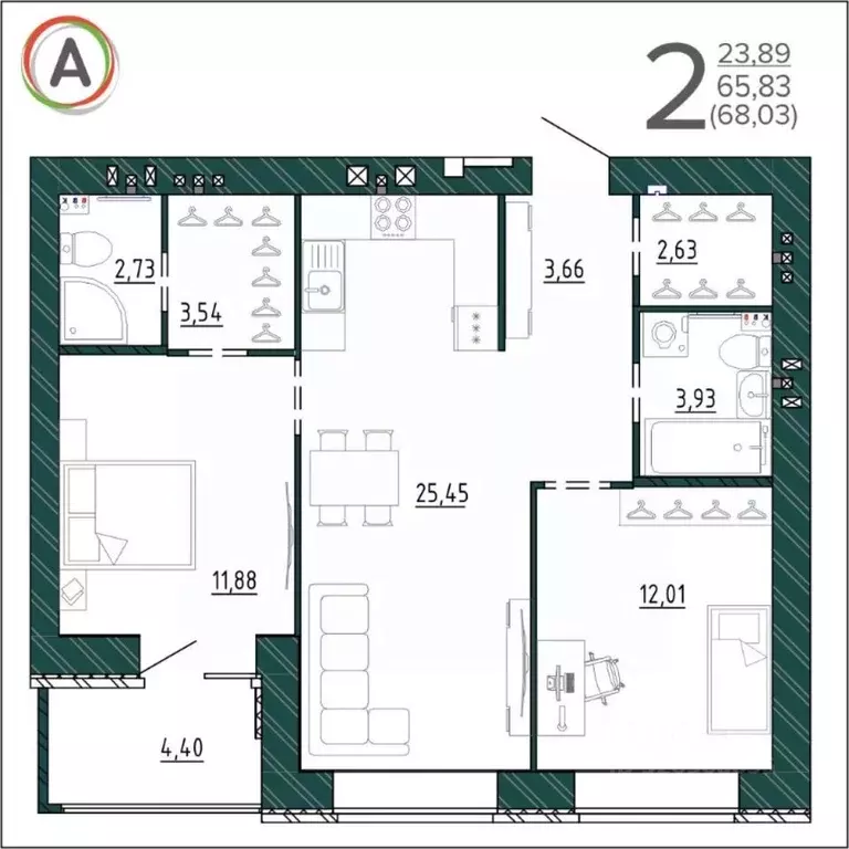 2-к кв. Брянская область, Брянск ул. Ульянова, 24 (68.03 м) - Фото 1