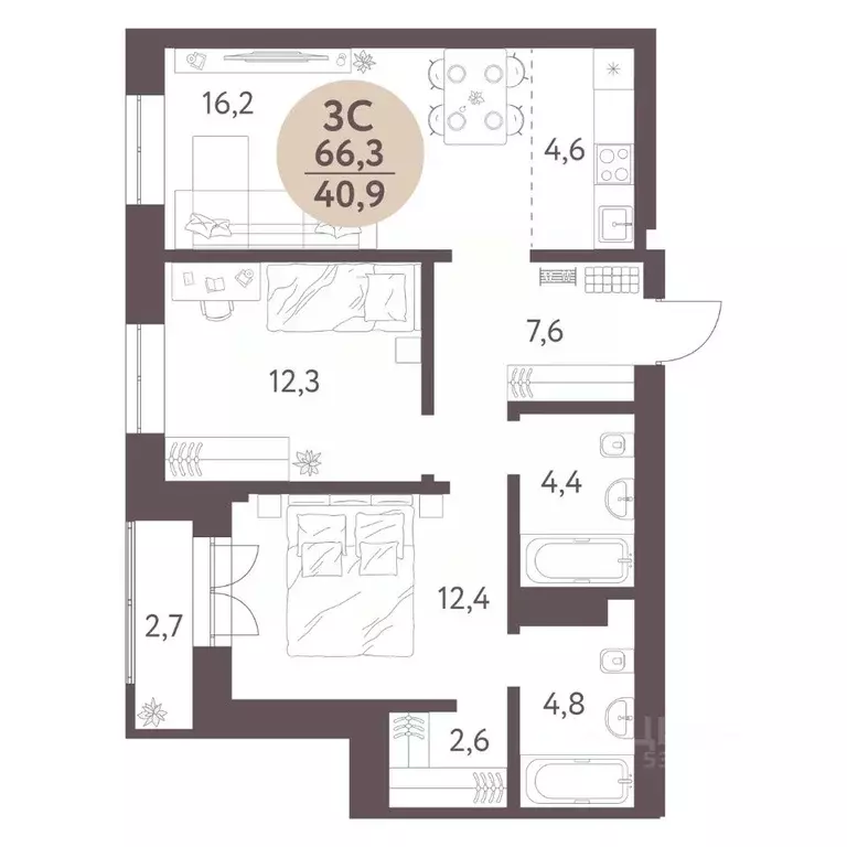 3-к кв. Новосибирская область, Новосибирск  (66.3 м) - Фото 0