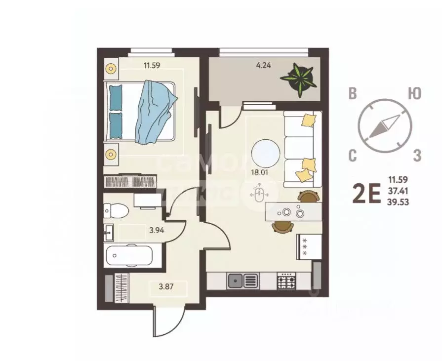 1-к кв. Липецкая область, Липецк ул. Механизаторов, 15Авл1 (39.53 м) - Фото 2