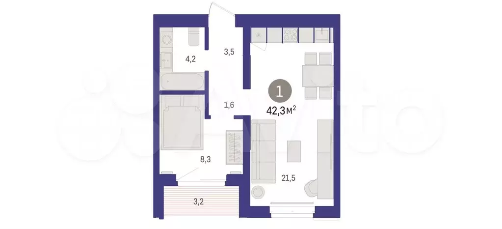 1-к. квартира, 42,3 м, 6/7 эт. - Фото 1