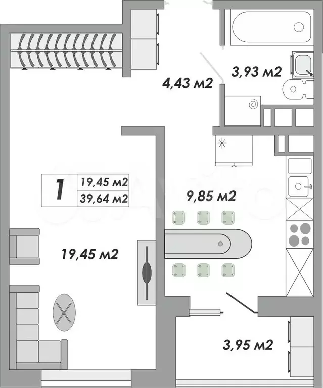1-к. квартира, 39,6 м, 6/12 эт. - Фото 0