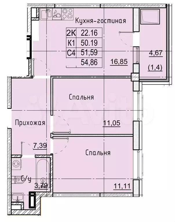 2-к. квартира, 54,9 м, 3/21 эт. - Фото 0