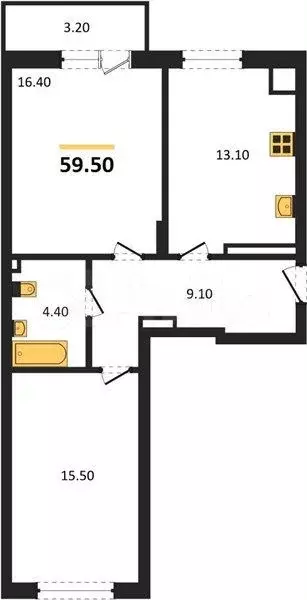 2-к. квартира, 59,5 м, 3/8 эт. - Фото 1