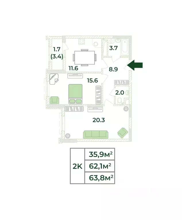2-к кв. Крым, Симферопольский район, с. Мирное, Жигулина Роща мкр  ... - Фото 1