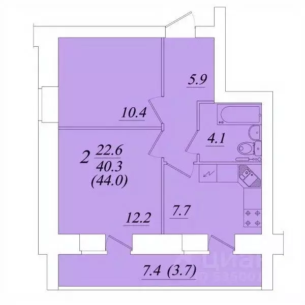 2-к кв. Вологодская область, Вологда  (44.0 м) - Фото 1
