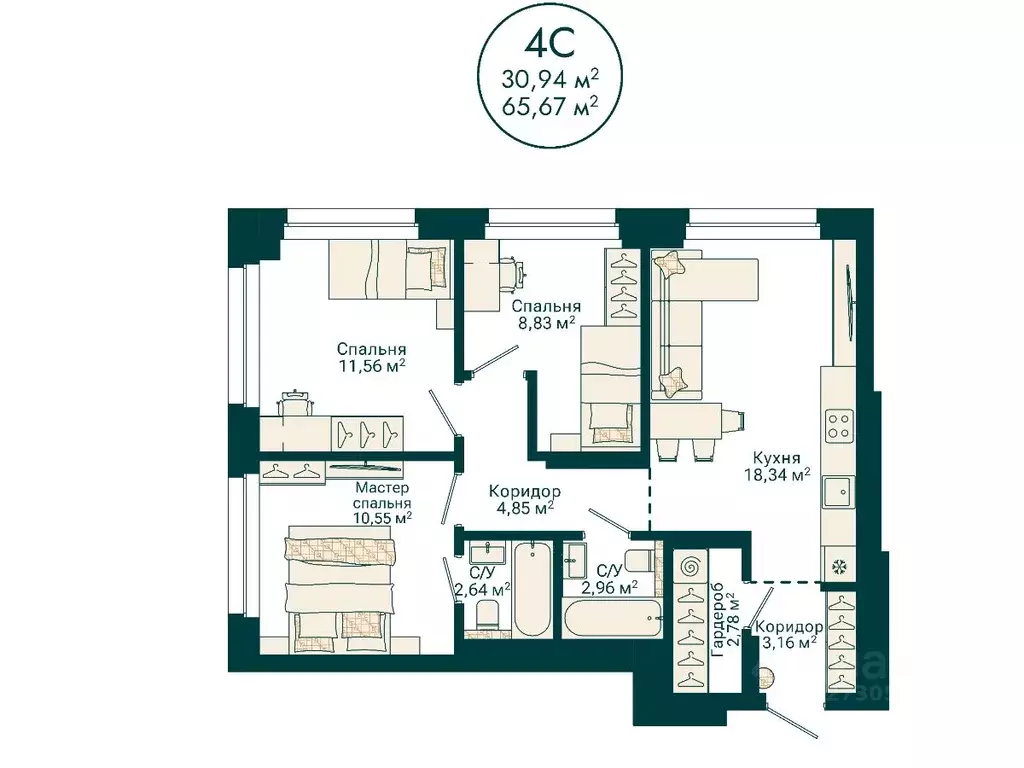 4-к кв. Башкортостан, Уфа Сердце Уфы жилой комплекс (65.67 м) - Фото 1