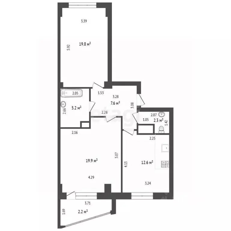 2-к кв. Калининградская область, Калининград Батальная ул., 94 (67.4 ... - Фото 2
