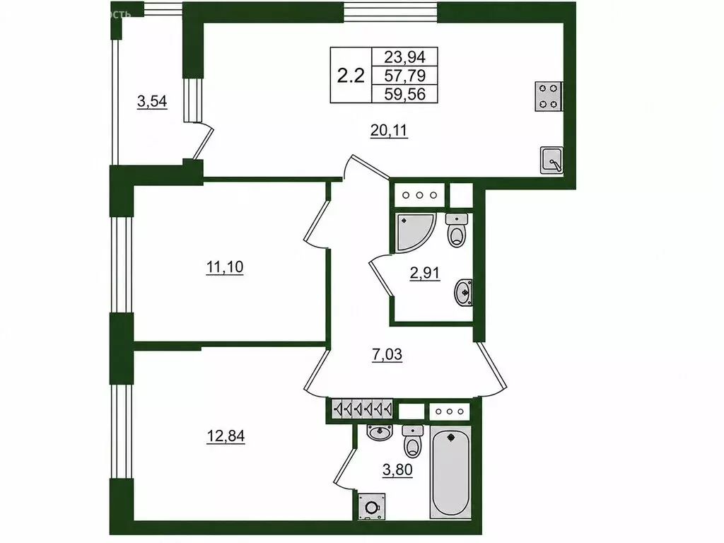 2-комнатная квартира: деревня Новосаратовка, 2 (57.79 м) - Фото 2