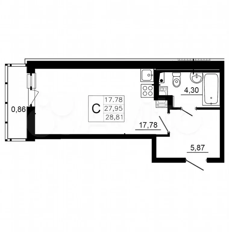 Квартира-студия, 28м, 2/12эт. - Фото 0