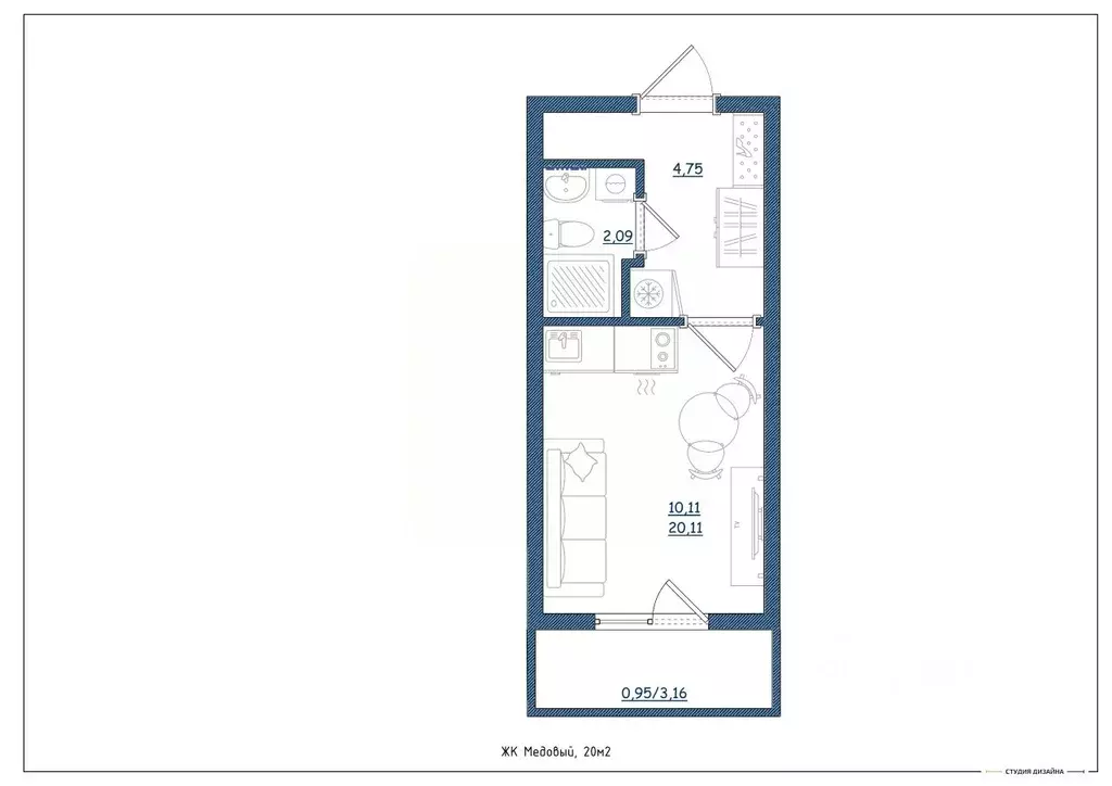 Студия Тверская область, Тверь ул. Медовая, 9к4 (20.0 м) - Фото 1