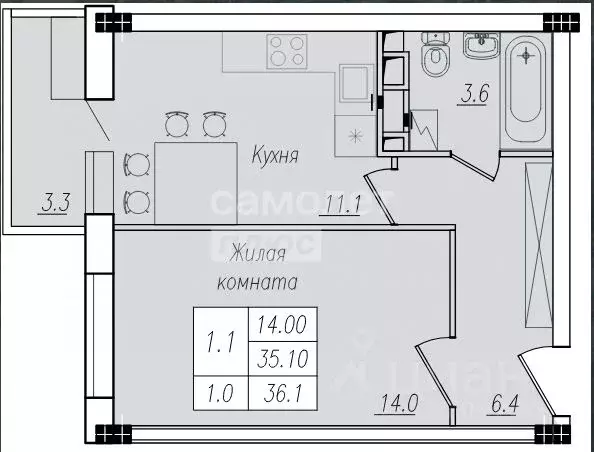 1-к кв. Курская область, Курск ул. Энгельса, 158к1 (36.8 м) - Фото 1