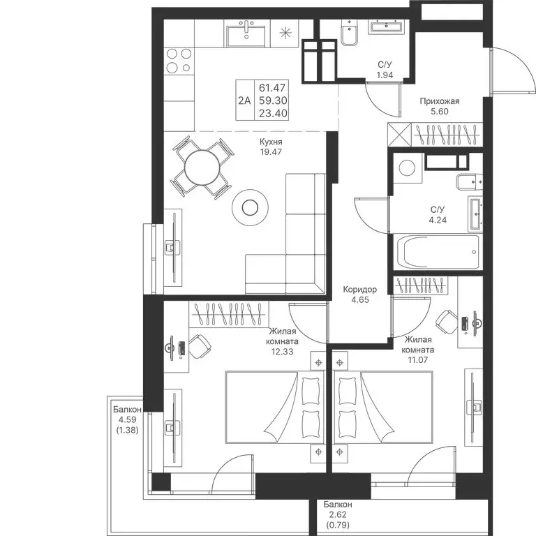 2-комнатная квартира: Казань, ЖК Мой Ритм (61.47 м) - Фото 0