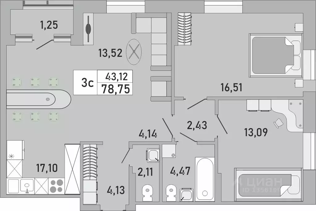 3-к кв. Башкортостан, Уфа Бакалинская ул., 9/1 (78.75 м) - Фото 1