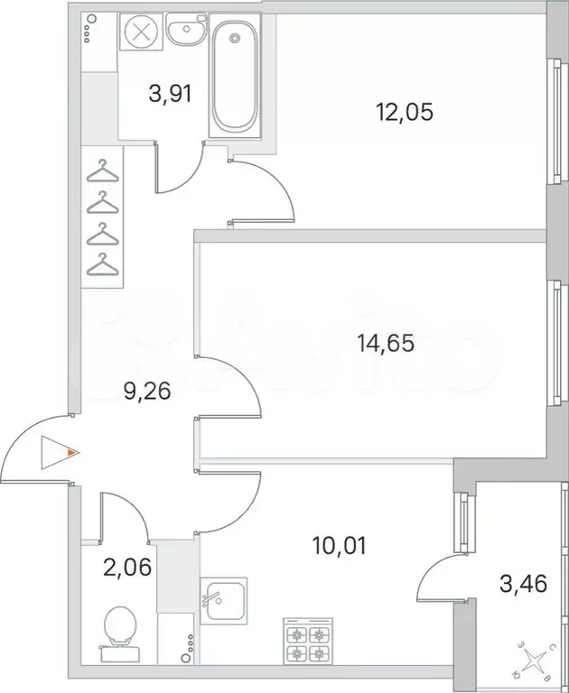 2-к. квартира, 53,7 м, 4/8 эт. - Фото 0